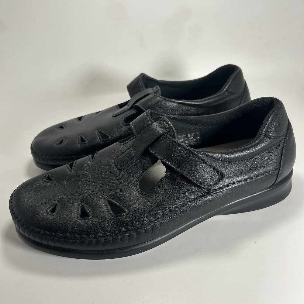 SAS Roamer Womens Black Leather T-Strap Comfort Loafer Fisherman Shoes 9.5 W